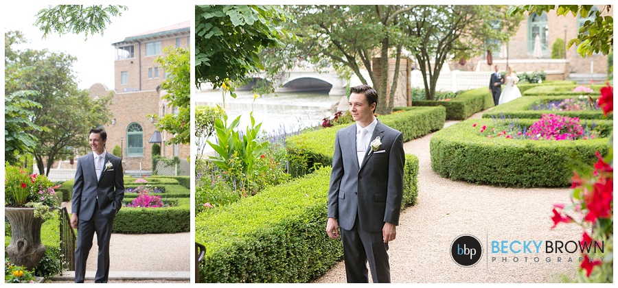 Bride and groom first look garden